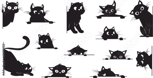 Black cat looking. Peeking cats silhouettes with big eyes. Playful muzzle, creative kitty peeping from corner. Spy pets snugly vector elements photo