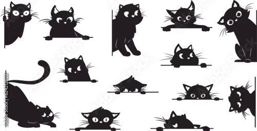 Fototapeta Black cat looking. Peeking cats silhouettes with big eyes. Playful muzzle, creative kitty peeping from corner. Spy pets snugly vector elements