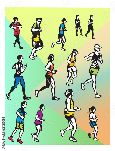 variety of people jogging or running side view in exercise clothes vector illustration