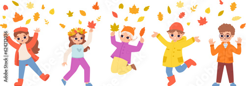 Kids jumping under falling autumn leaves. November season, play and gathering fall leaf. Seasonal happy cartoon children snugly vector characters