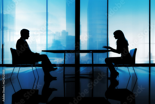 silhouette of a man and woman at a business table meeting