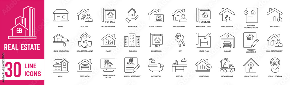 Real Estate thin line icons set. Property, building, agent, plan, mortgage, realtor, loan, house, bedroom and renovation, Vector illustration Real Estate thin line icons set. Property, building, agent, plan, mortgage, realtor, loan, house, bedroom and renovation, Vector illustration