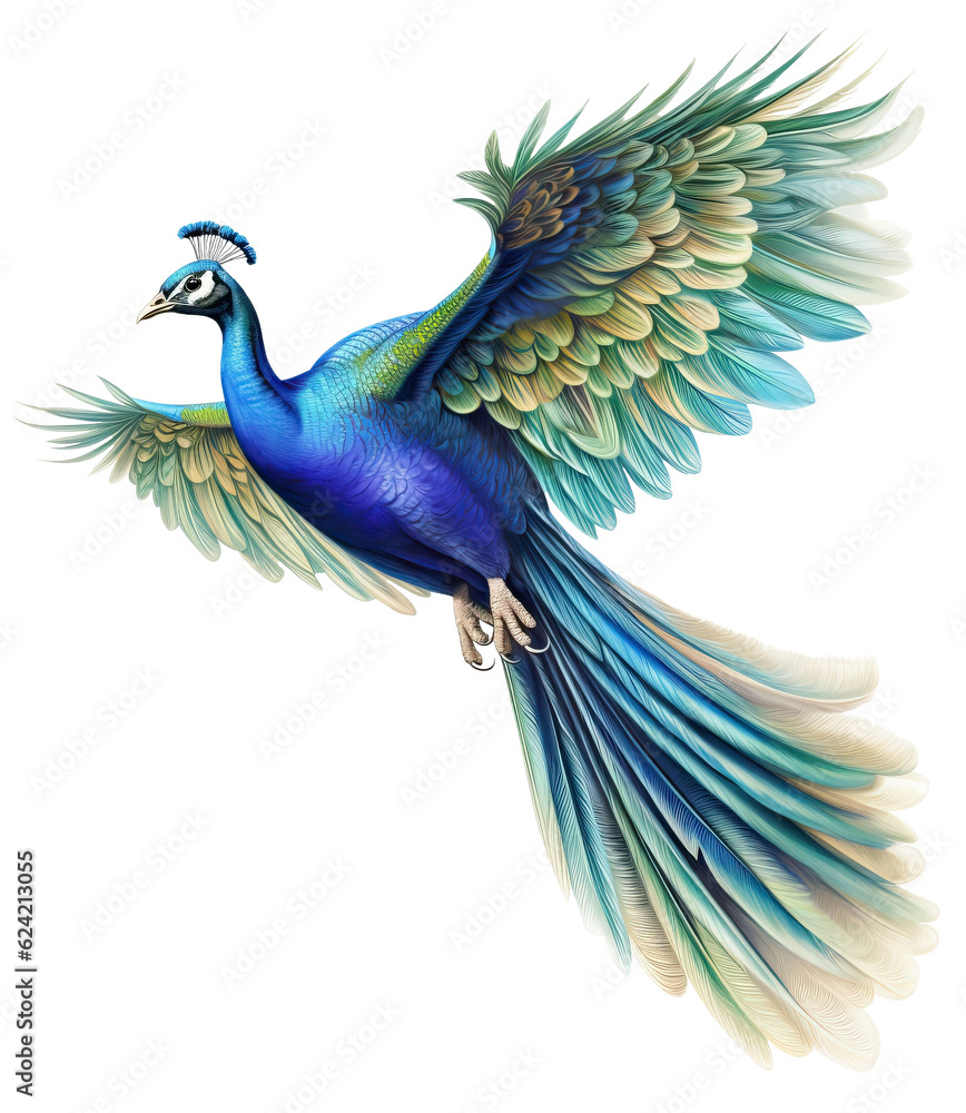 Fototapeta premium Peacock in Flight isolated on white background . AI generated Illustration.