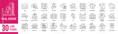 Real Estate thin line icons set. Property, building, agent, plan, mortgage, realtor, loan, house, bedroom and renovation, Vector illustration