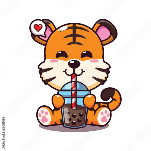 cute tiger drink boba milk tea cartoon vector illustration.