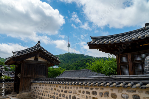 Namsangol Hanok Village. and Seoul Tower Located on Namsan Mountain in Seoul,South Korea.