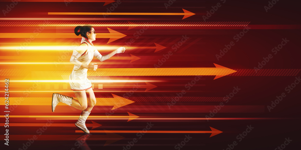Woman in futuristic outfit running toward the future