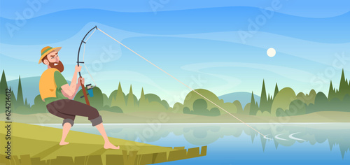 Fishing background. Outdoor background with fisherman catch big fish exact vector sport hobby picture