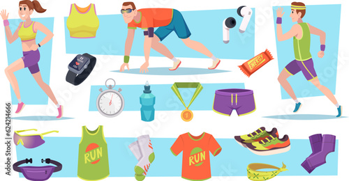 Marathon runners. Cartoon sport characters fitness activities exact vector templates