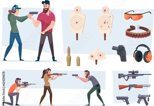 Shooting gallery. Goals for shooting weapons people with guns exact vector cartoon set