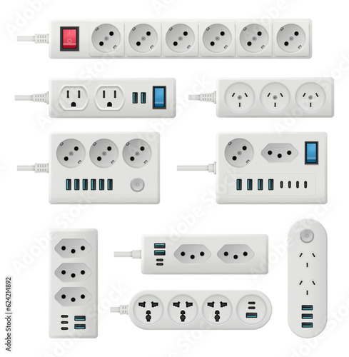 Electricity socket. Extension cords with electro plugs decent vector realistic pictures set
