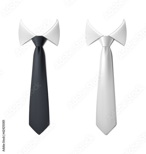 3d realistic vector icon illustration set. Black and white neck tie with white collar bow.