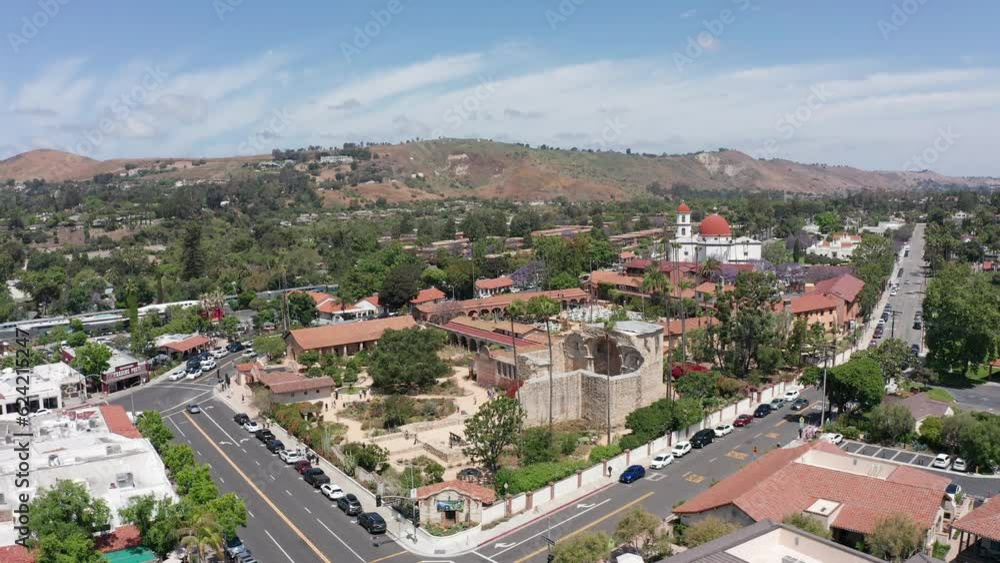 Wide panning aerial shot of the ruins of the Great Stone Church at the Mission San Juan Capistrano in California. 4K Wide panning aerial shot of the ruins of the Great Stone Church at the Mission San Juan Capistrano in California. 4K