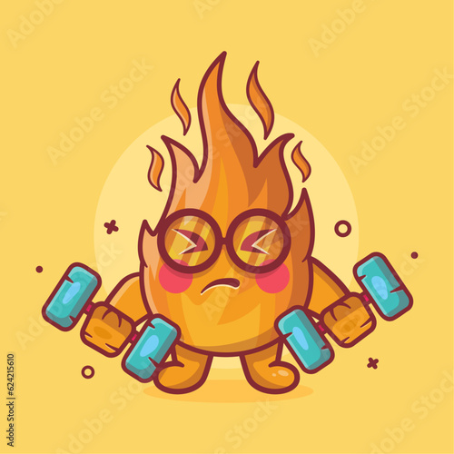 funny fire flame character mascot doing bodybuilding using dumbbell isolated cartoon in flat style design