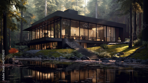 Moden Matte Black Home in the Forest