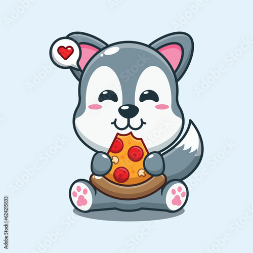 cute wolf eating pizza cartoon vector illustration.