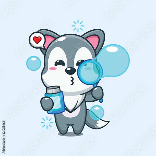 cute wolf blowing bubbles cartoon vector illustration.