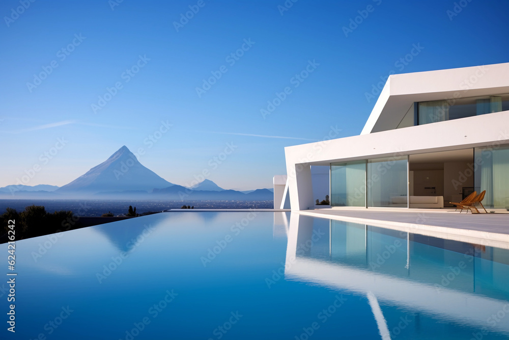 Modern villa with swimming pool and beautiful mountain in the background