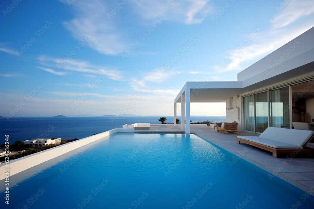 Fototapeta premium Modern villa with swimming pool and beautiful mountain in the background