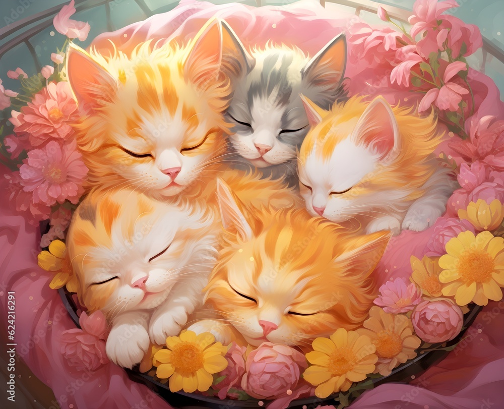 Cute kittens sleeping in a basket of flowers Cute kittens sleeping in a basket of flowers