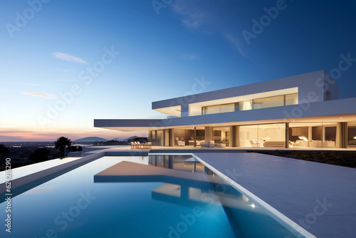 Modern villa with swimming pool and beautiful mountain in the background © ardanz