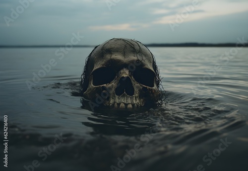 Human skull in the water