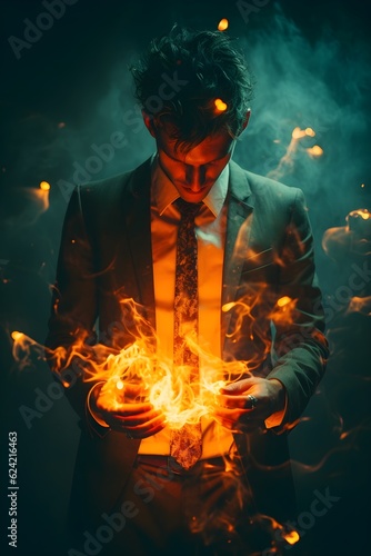 Portrait of a young man in a suit holding a fire in his hands