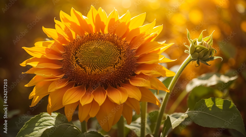 Fototapeta premium set of yellow flowers, sunflowers with leaves, botanical picture, floral design for digital content