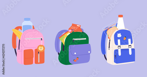 School or kindergarten children backpacks with food. Kids bags and lunch or dinner, water, sandwich and fruits. Healthy snack vector set