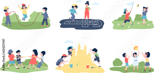 Kids outdoor play hopscotch, game children on nature. Cartoon child with ball, build sand castle and jumping with rope. Recent holidays vector scenes
