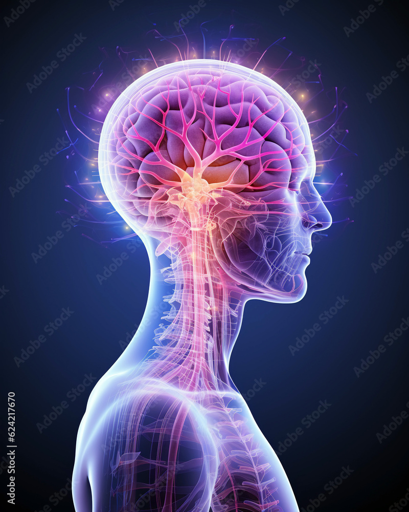 Illustration of human brain in lateral view with highlighted brain Illustration of human brain in lateral view with highlighted brain