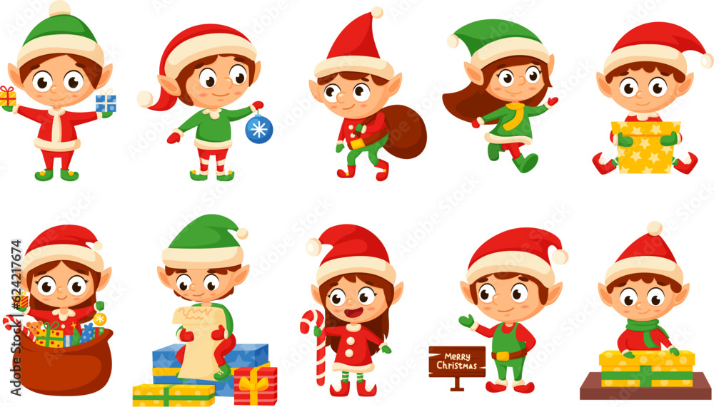 Christmas elf, santas helpers elves characters. Magic cute kids with gifts, xmas creatures for holiday workshop. New year nowaday vector clipart Christmas elf, santas helpers elves characters. Magic cute kids with gifts, xmas creatures for holiday workshop. New year nowaday vector clipart