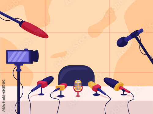 Press conference studio, pressmedia room. Debate, microphones on table and cameras. Empty interview place for speaking, nowaday vector scene