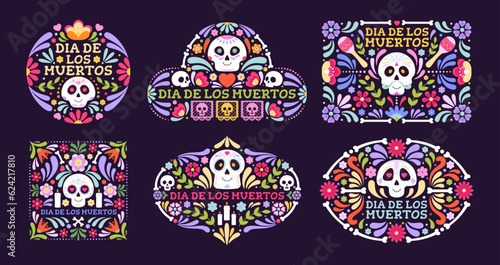 Day of dead latino floral banners. Mexican festival design with sugar skull, bones and flowers. Bright mexico party celebration racy vector prints