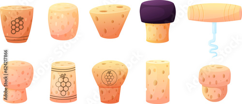 Wine cork cartoon design, different corks and corkscrew spiral tool. Vintage winery isolated elements for bottles. Wooden stopper nowaday vector set