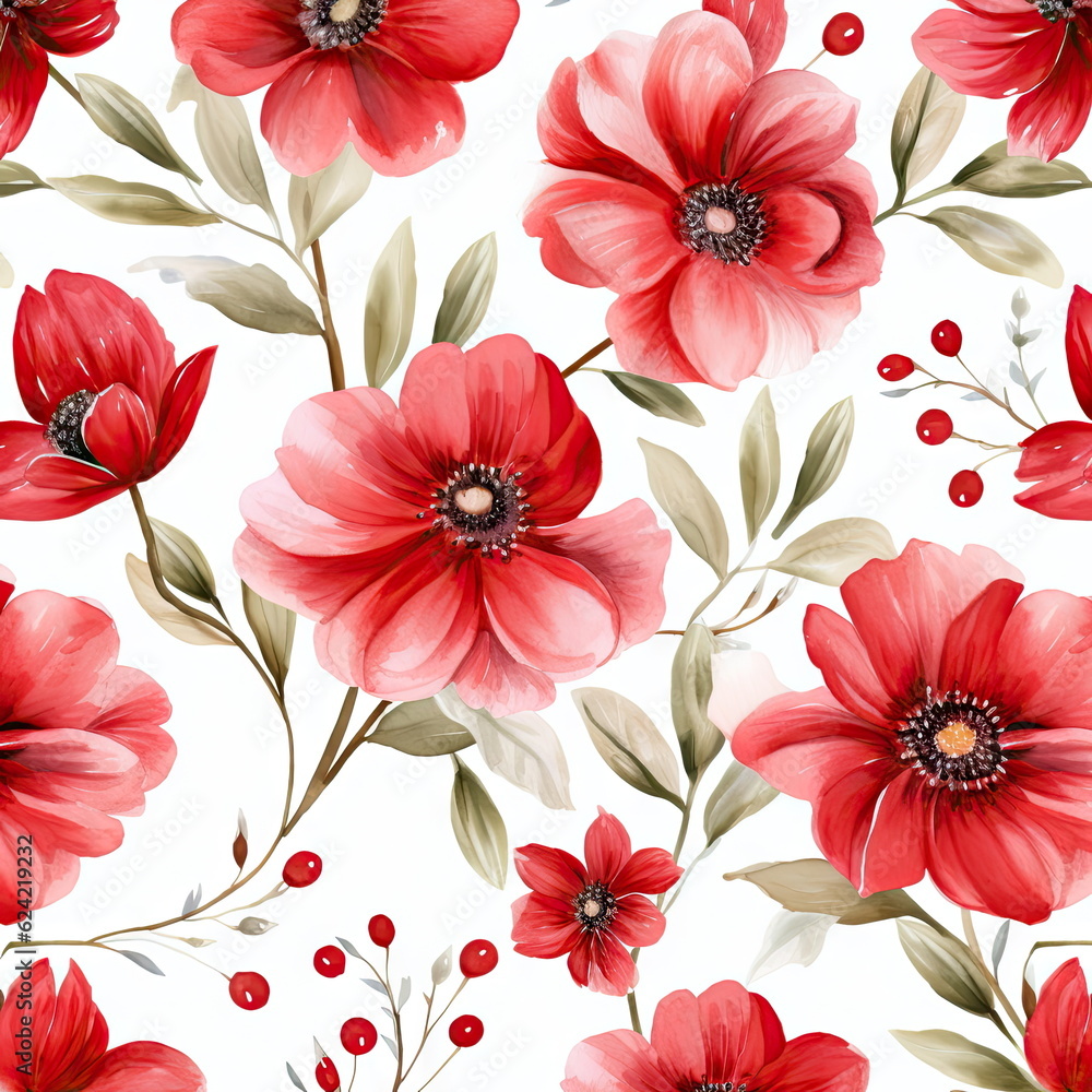 red flowers watercolor seamless patterns, watercolor picture of flowers, floral