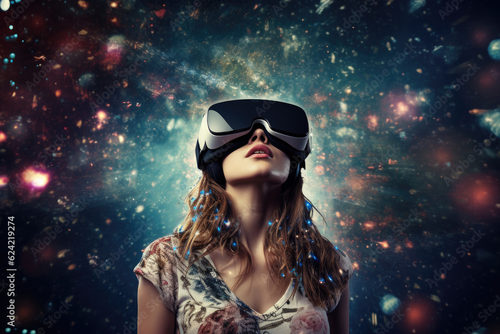 Woman wearing virtual reality goggles standing in outer space. Generative AI Woman wearing virtual reality goggles standing in outer space. Generative AI