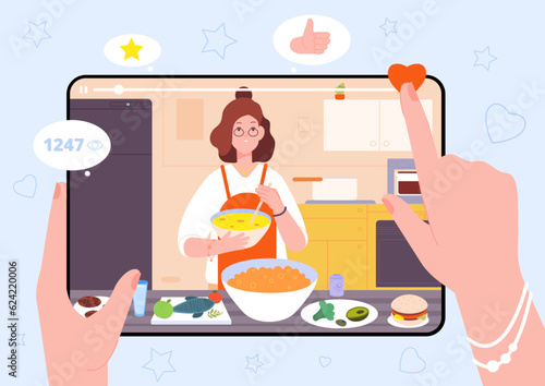 Cooking blog. Hands holding tablet cook processing video or culinary tv show, food preparing online tutorial learning internet recipe virtual kitchen