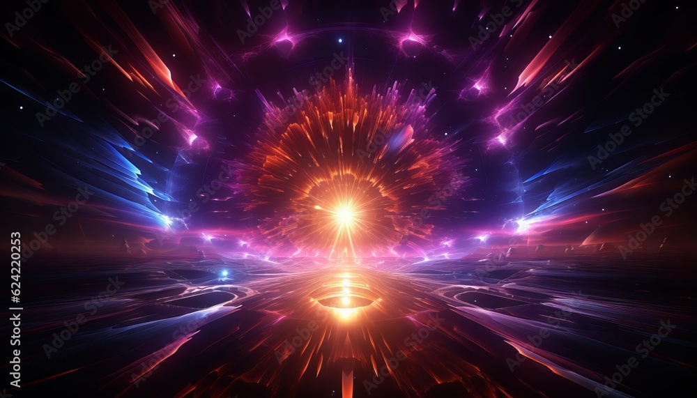 Fototapeta premium 3d render, ultraviolet neon star shape portal, glowing lines, tunnel, virtual reality, abstract fashion background, violet neon lights, arch, pink blue spectrum vibrant colors, laser show