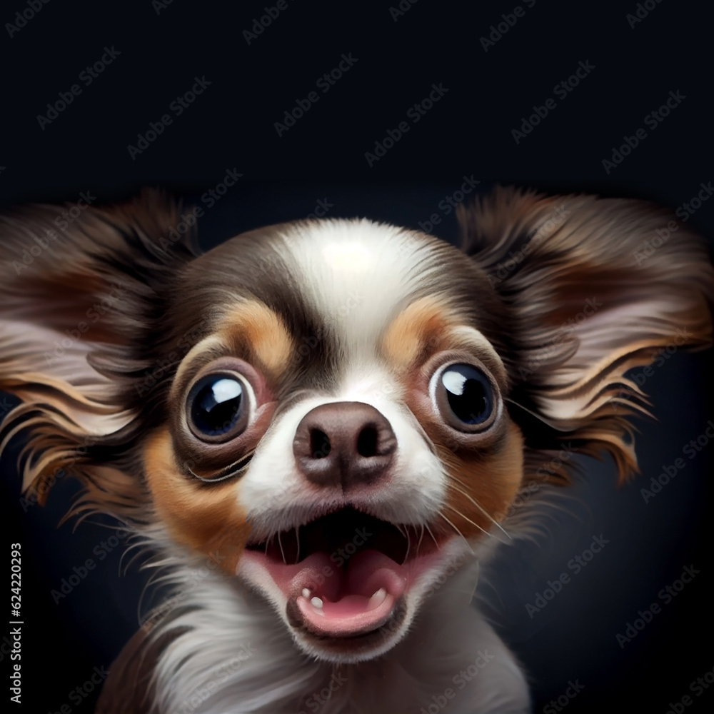 Portrait of a surprised cute dog puppy, with big eyes and an open mouth. Generative AI