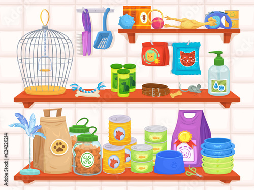 Pet shop shelves. Pets shopping goods and feeding products on shelf of petshop store, shelving animal care accessories or cat dog toys in room interior, decent vector illustration