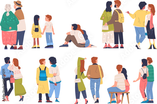 Couple back view. Man and woman together rear viewing, lovers sitting on rendezvous, 2 love person walk romantic dating, behind stand enamored characters classy vector illustration
