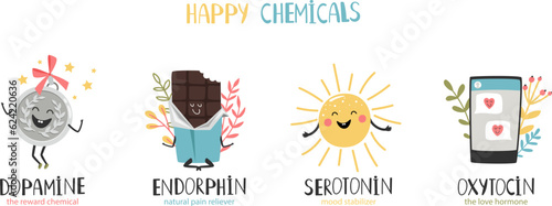 Serotonin, endorphin, dopamine, oxytocin. Hormones colorful vector illustration. Mood stabilizer, love hormone, reward chemical, pain reliever. Hormone health icon