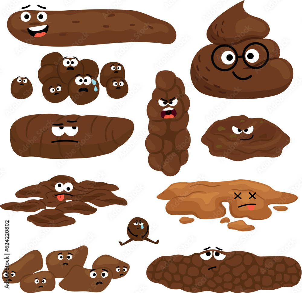 Vector isolated cartoon illustration of poop with eyes. Set of