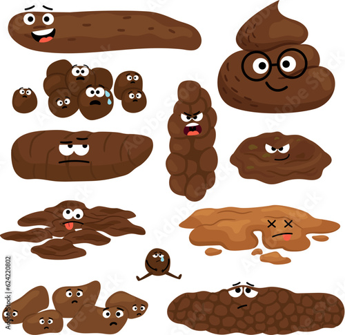 Vector isolated cartoon illustration of poop with eyes. Set of different types human feces, excrement in normal and diseases of diarrhea