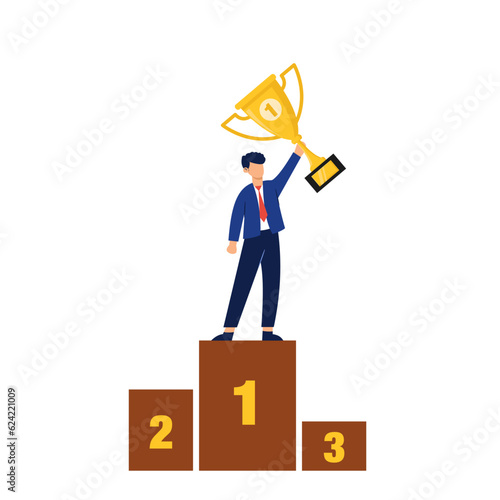 Vector success businessman character standing at a podium with holding up a trophy.