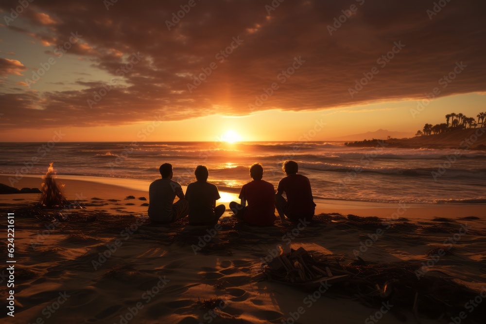 Four Surfer Friends Sitting On The Beach, Generative AI