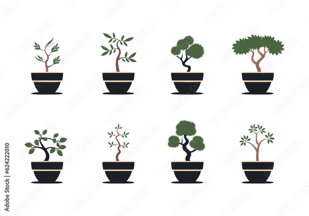Obraz premium Bonsai in pots vector set in flat cartoon style