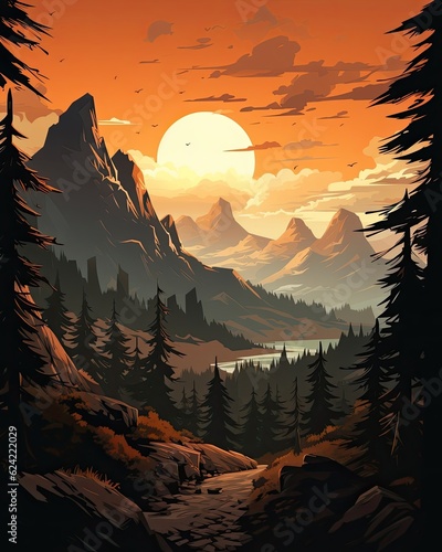 A sunset backdrop frames a mountain range. (Generative AI)