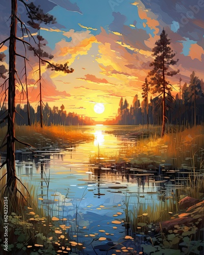 The artwork captures a forest sunset with water and pine trees. (Generative AI)